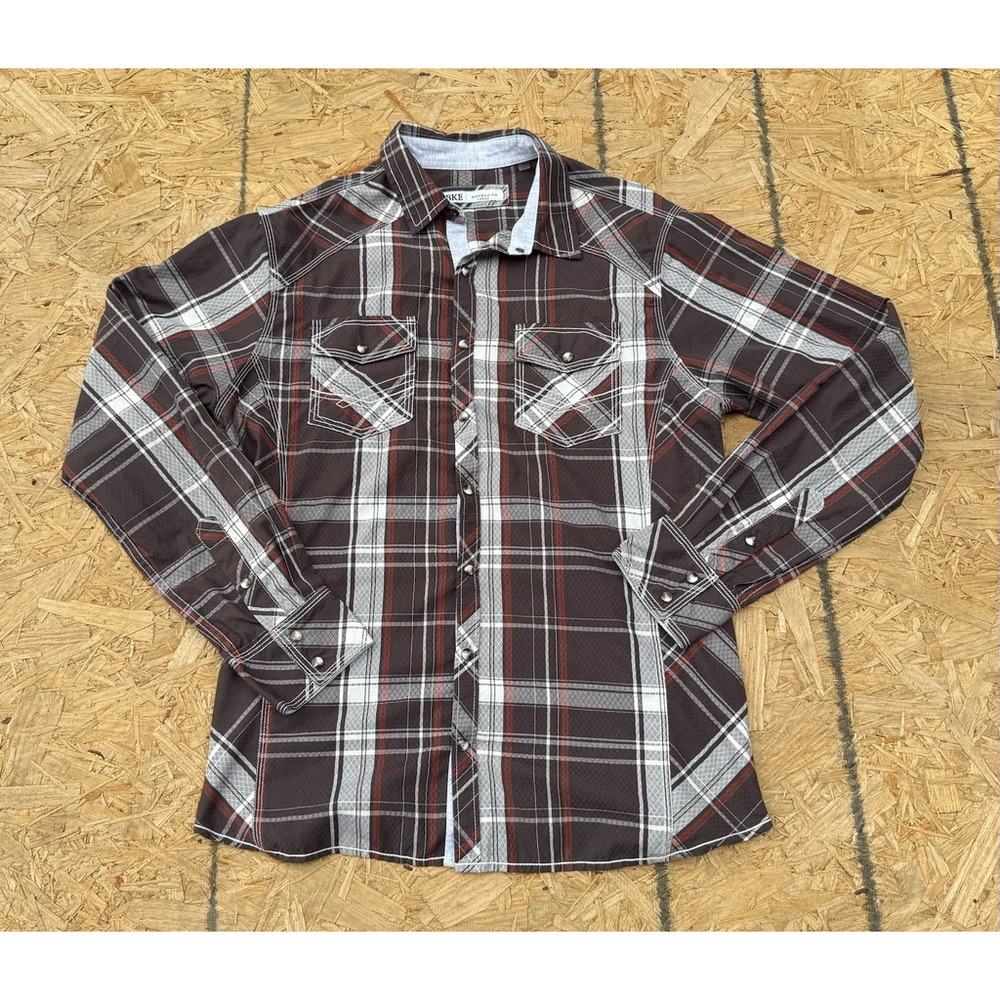 BKE Athletic Fit Men's Long Sleeve Brown Plaid Pearl Snap Shirt Size L Western